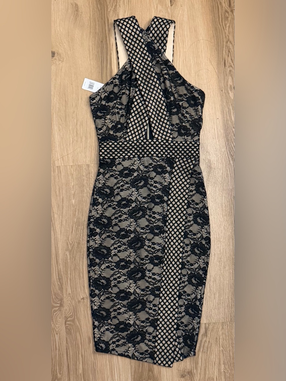 bebe Black Lace Overlay Halter Dress with Nude Lining